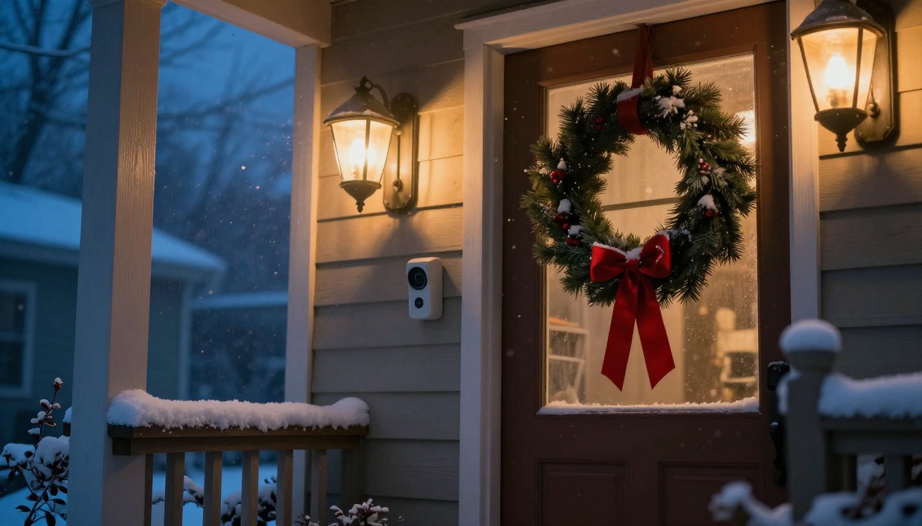 Video doorbell camera on a snowy porch at night beside a pine wreath
