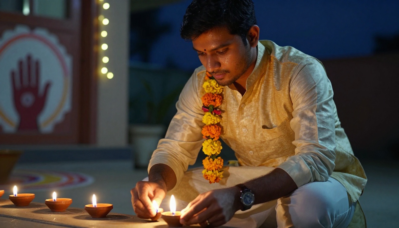 Young man in a cream kurta and mustard jacket crouching to light clay diyas on a doorstep at dusk