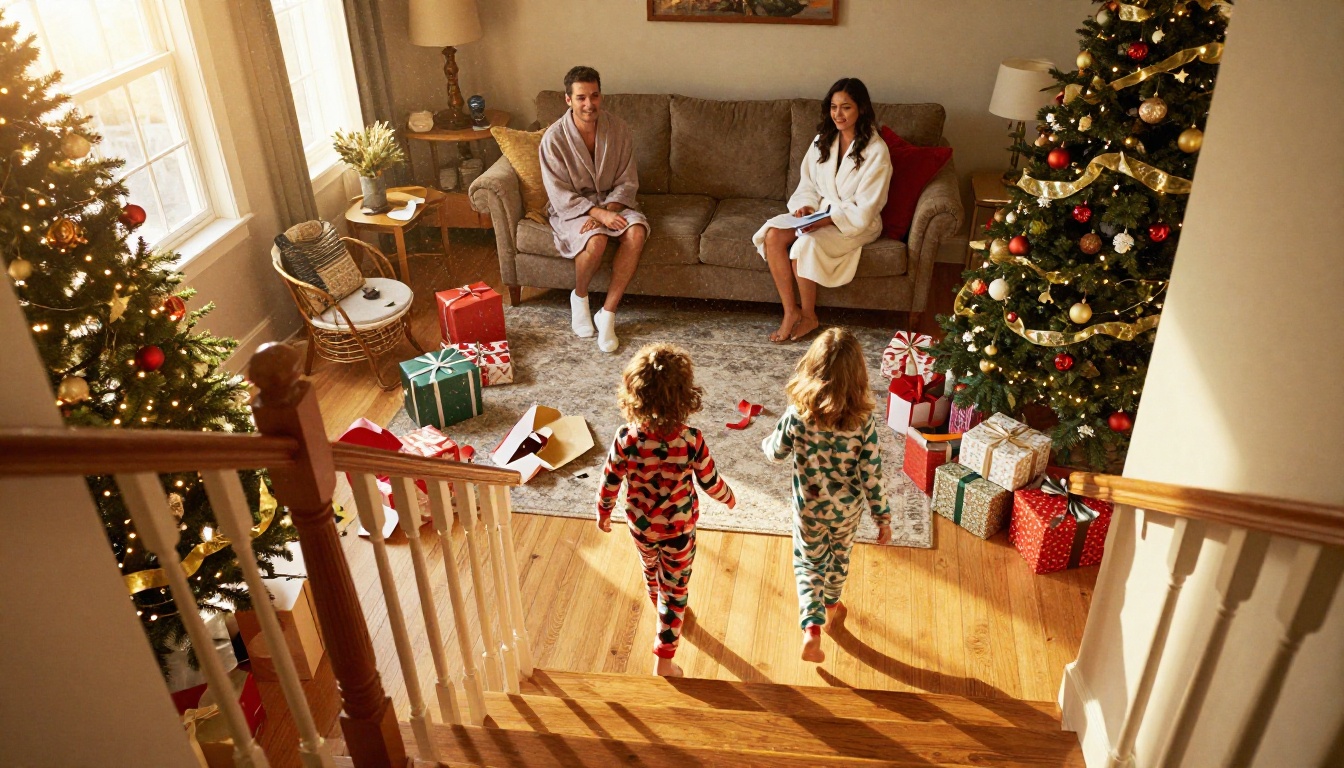 Two children in pajamas running toward a Christmas tree with unwrapped gifts on Christmas morning