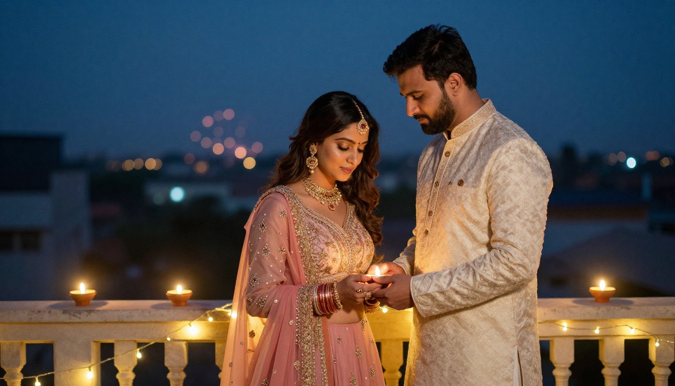 Couple in matching ivory and pastel pink festive outfits standing close on a balcony with diyas and fairy lights