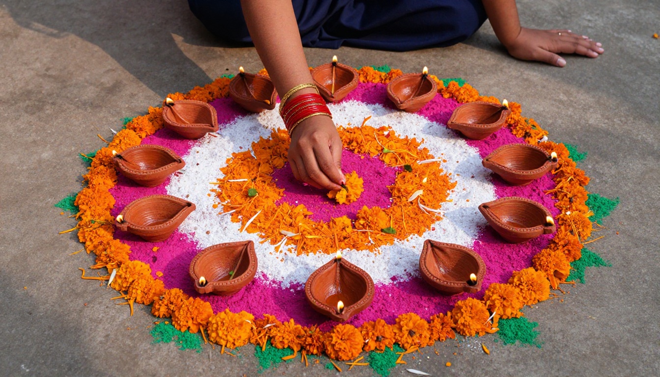 Overhead view of a colorful rangoli with a ring of lit diyas and a woman's hands placing the last marigold petal