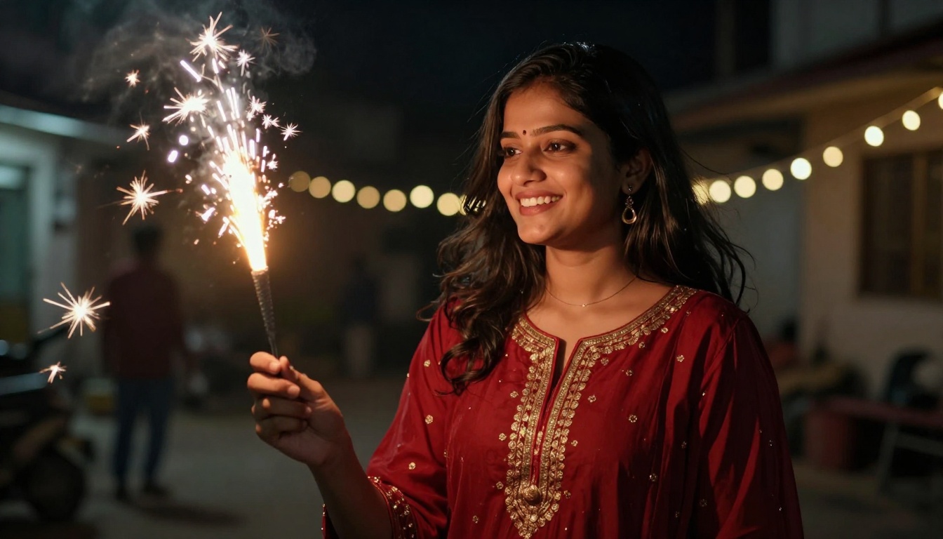 Young woman in a red anarkali laughing while holding a lit sparkler on a dark Diwali street