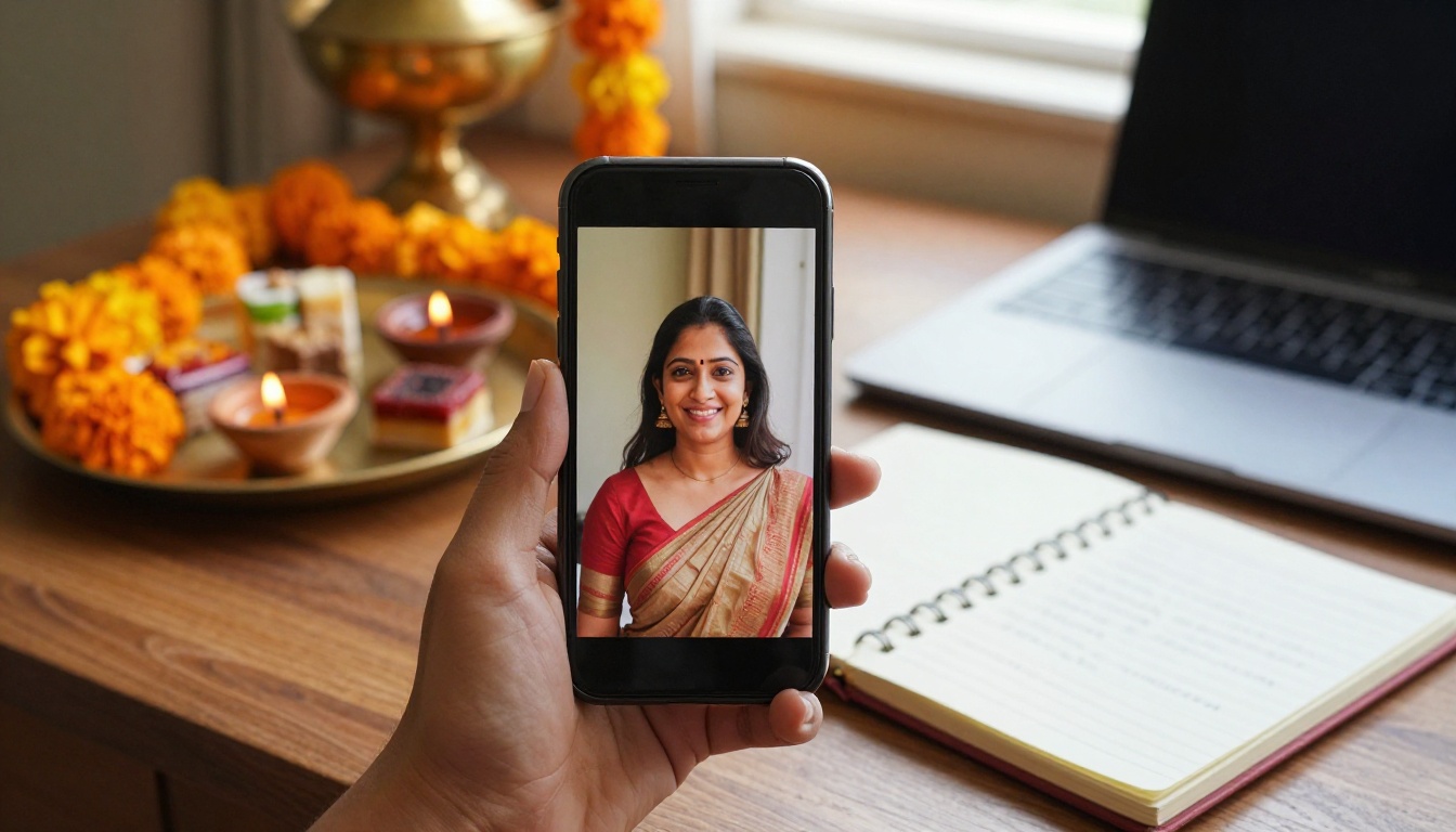 Smartphone showing a smiling woman in a saree beside a notebook of prompt notes in a Diwali decorated room