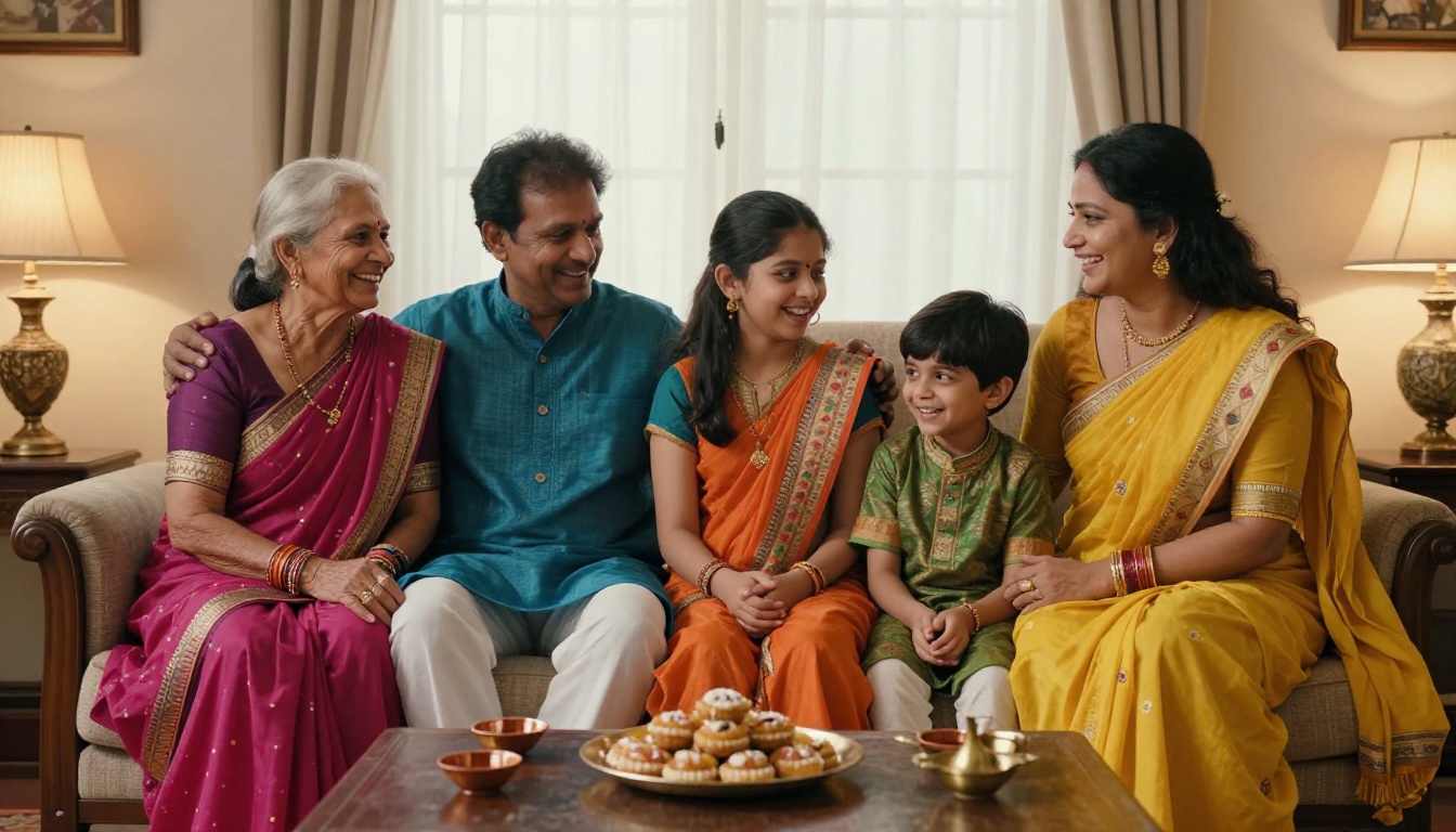 Indian family of five laughing together on a sofa in bright festive clothes with brass diyas and sweets on the table
