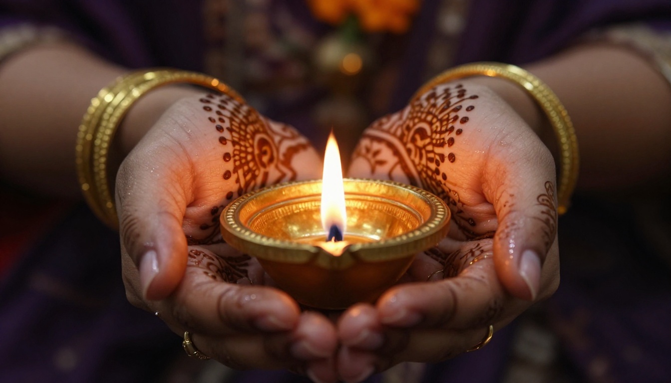 Hands decorated with dark mehndi holding a small lit brass diya with golden bokeh behind