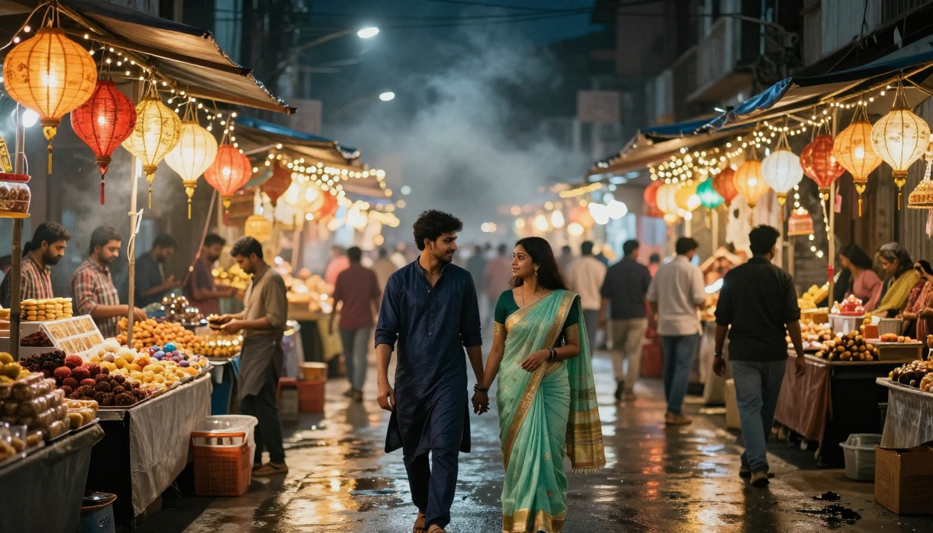 Young couple in a navy bandhgala and mint green saree walking hand in hand through a lantern lit Diwali market