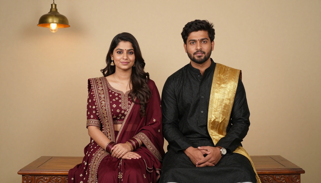 Couple in a black kurta and burgundy lehenga seated on a carved wooden bench against a warm beige wall