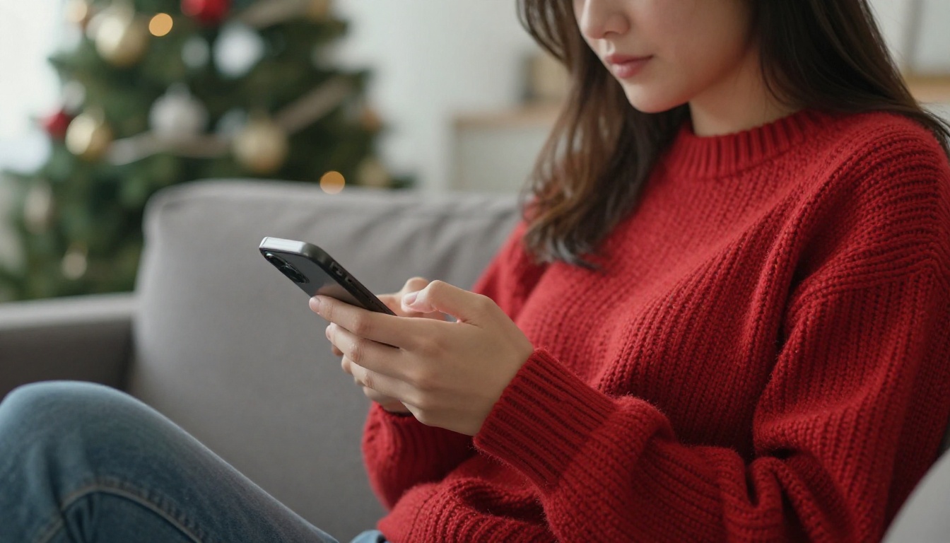A young woman in a red knit sweater scrolling on her phone beside a decorated Christmas tree