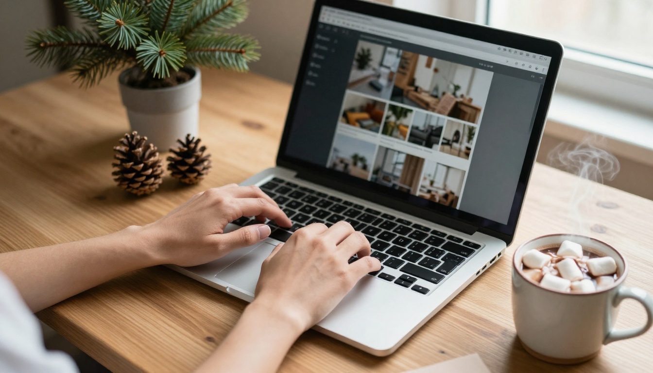 Hands typing on a silver laptop next to a mug of hot chocolate and a small potted fir