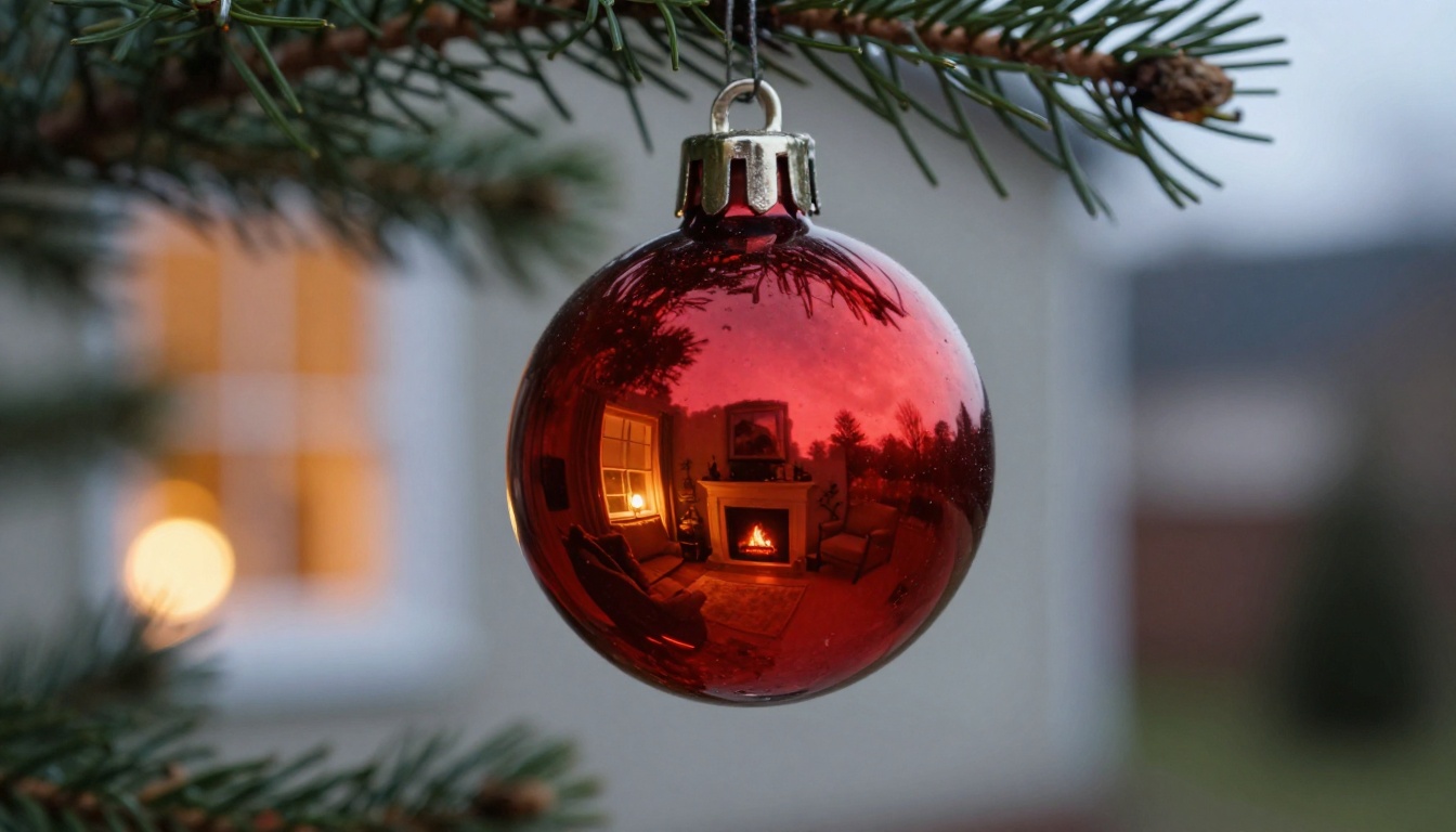 A hand-blown red glass bauble hanging on a fir branch reflecting a living room