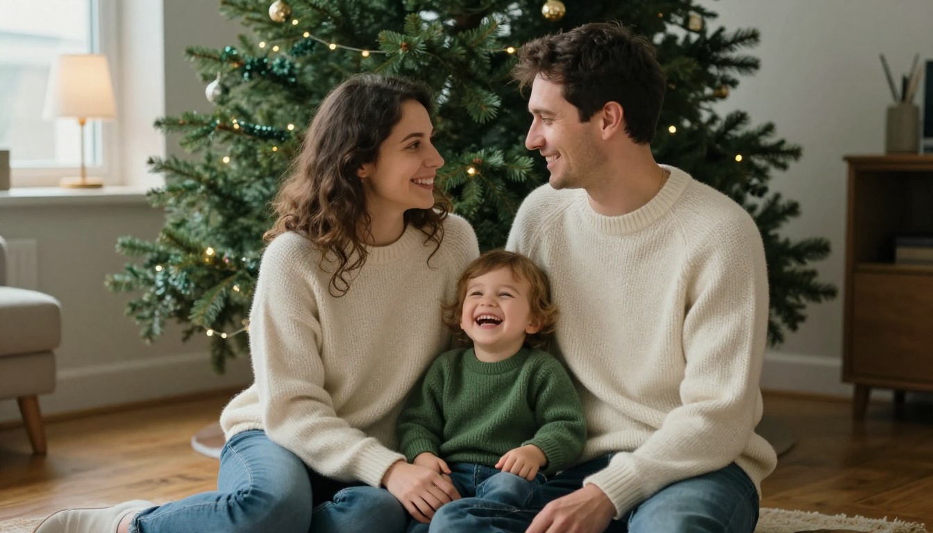 A couple in cream and green sweaters with a laughing toddler in front of a large fir tree