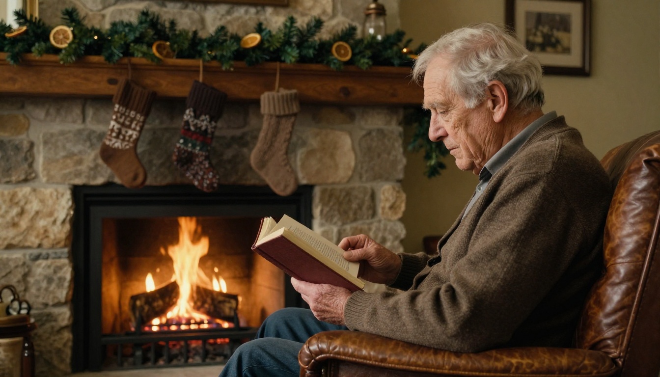 An elderly man reading a book in a leather armchair beside a stone fireplace with stockings