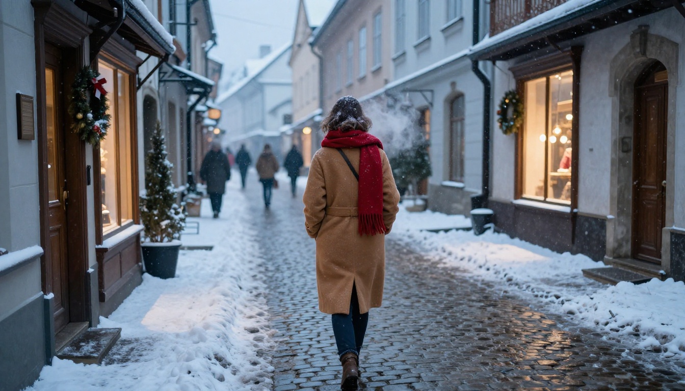 A woman in a camel coat and red scarf walking down a snowy cobblestone street at blue hour