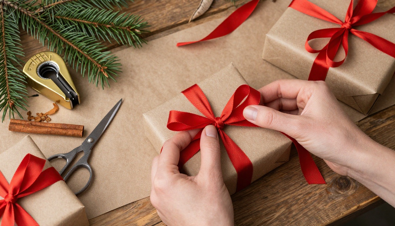 Overhead view of hands tying a red ribbon on kraft paper gifts surrounded by cinnamon and fir sprigs