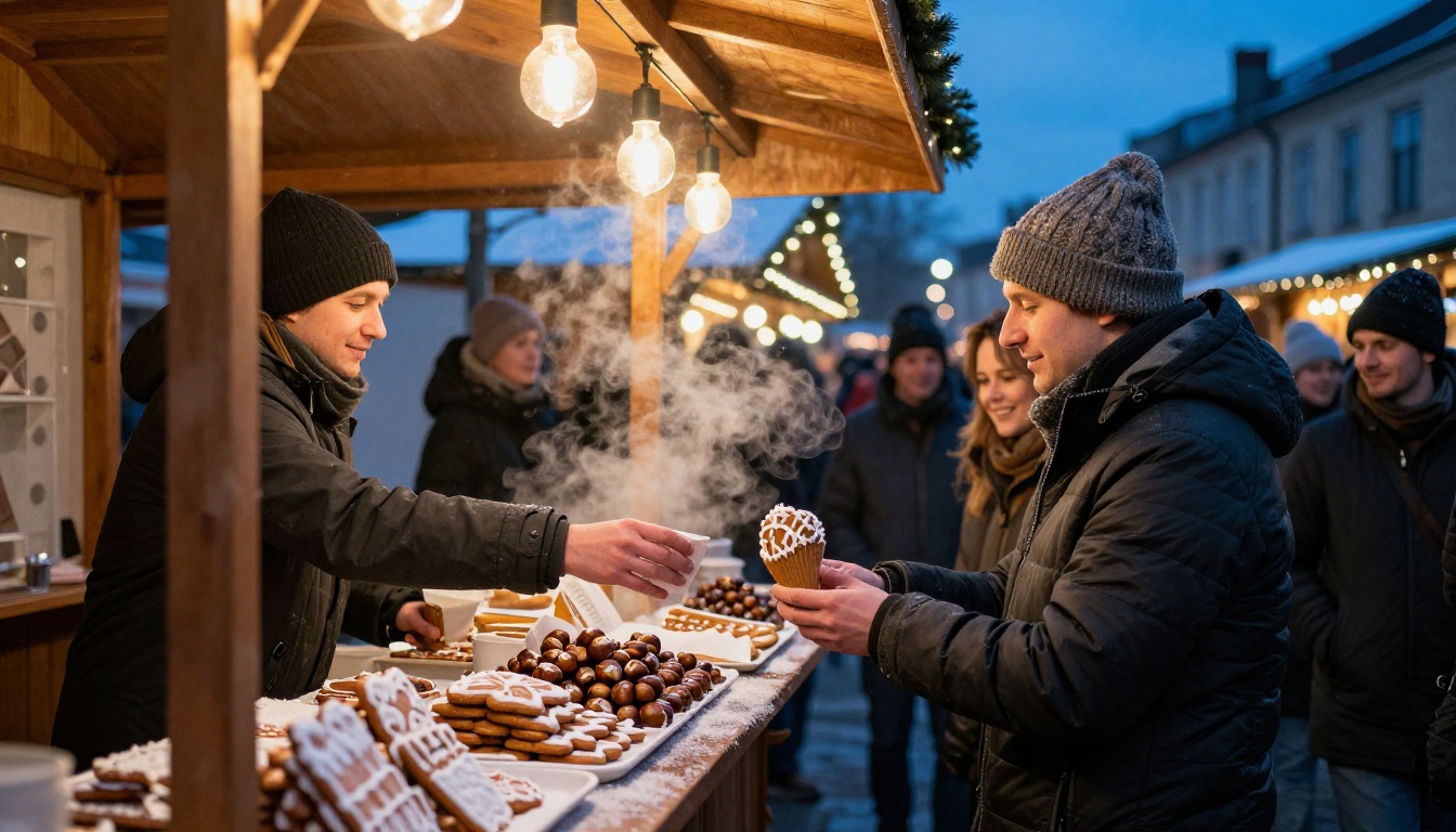 A vendor handing a paper cone of roasted chestnuts to a smiling customer at a wooden Christmas market stall