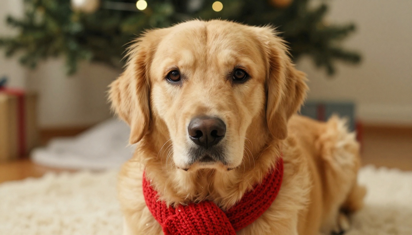 A golden retriever in a knitted red scarf lying on a cream rug beside a Christmas tree
