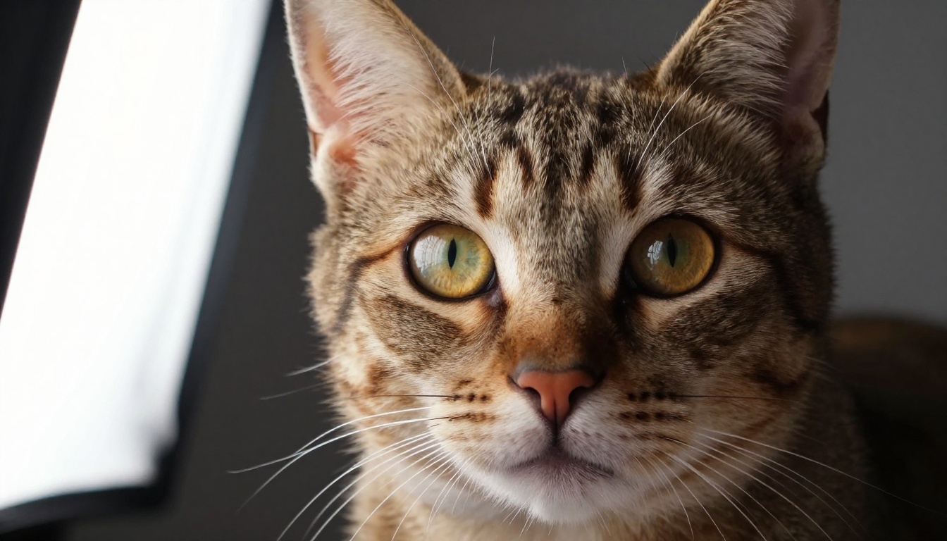 Close up of a brown tabby cat with amber green eyes under soft Rembrandt studio light