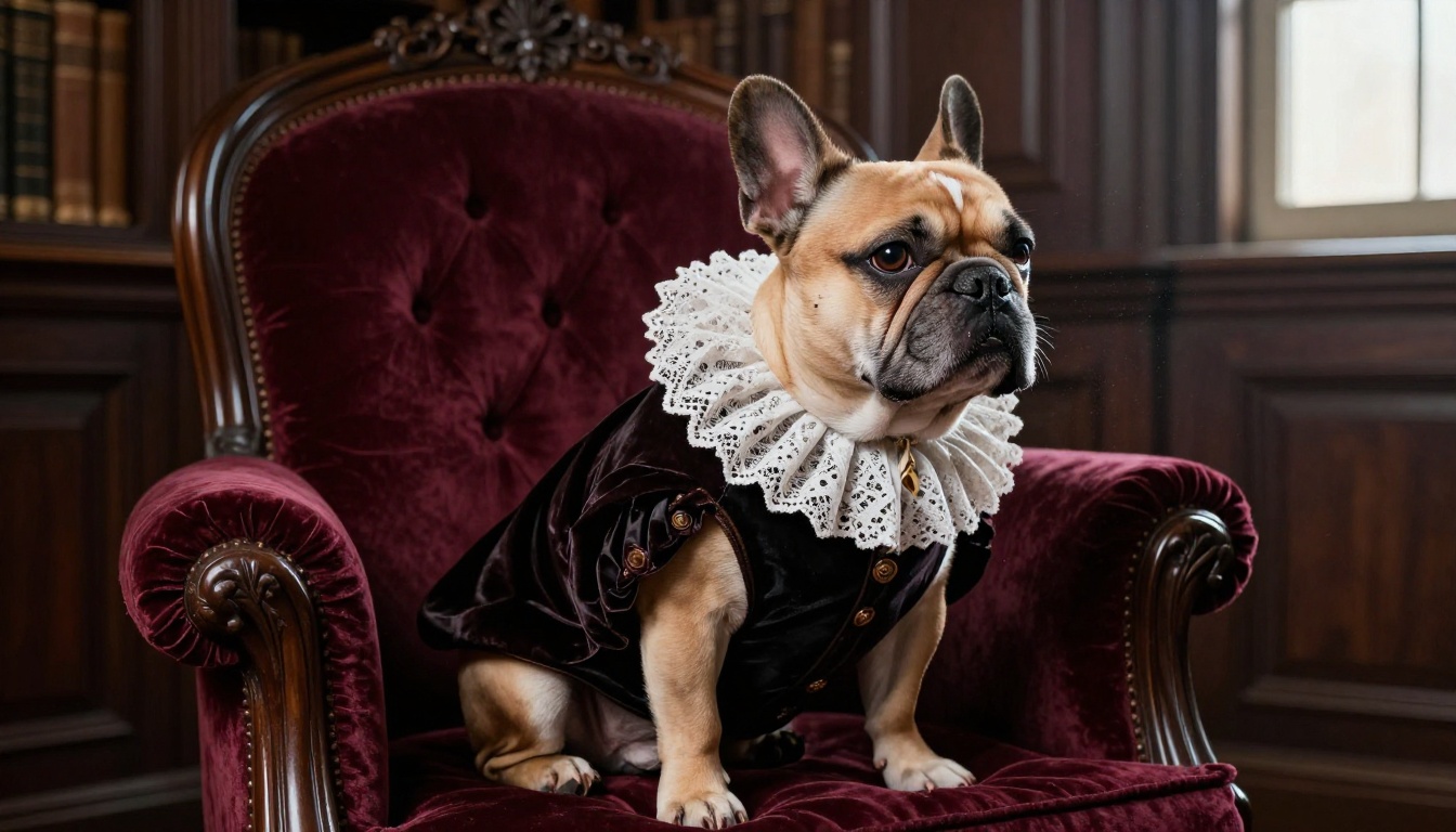A fawn French bulldog in a white lace ruff and dark velvet cloak on a burgundy armchair