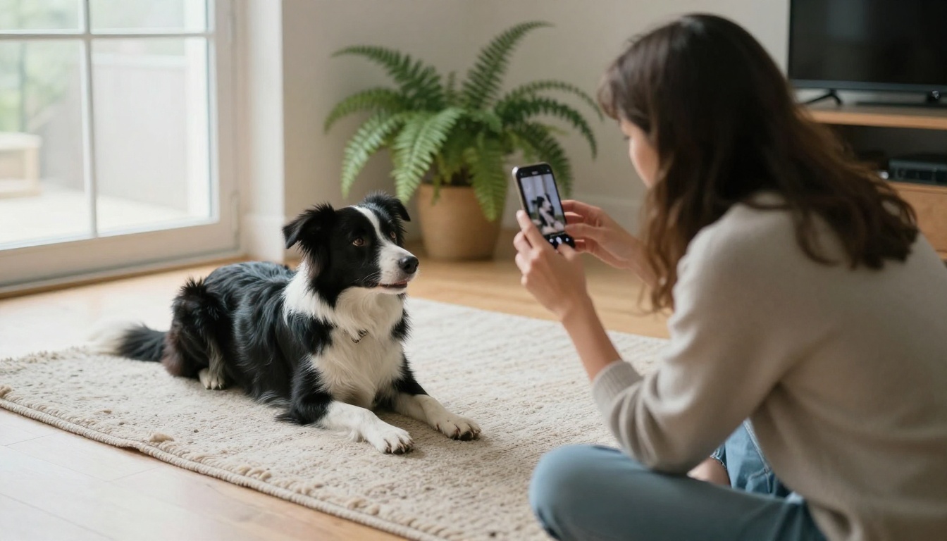 A woman crouched on a living room rug photographing her border collie with a smartphone