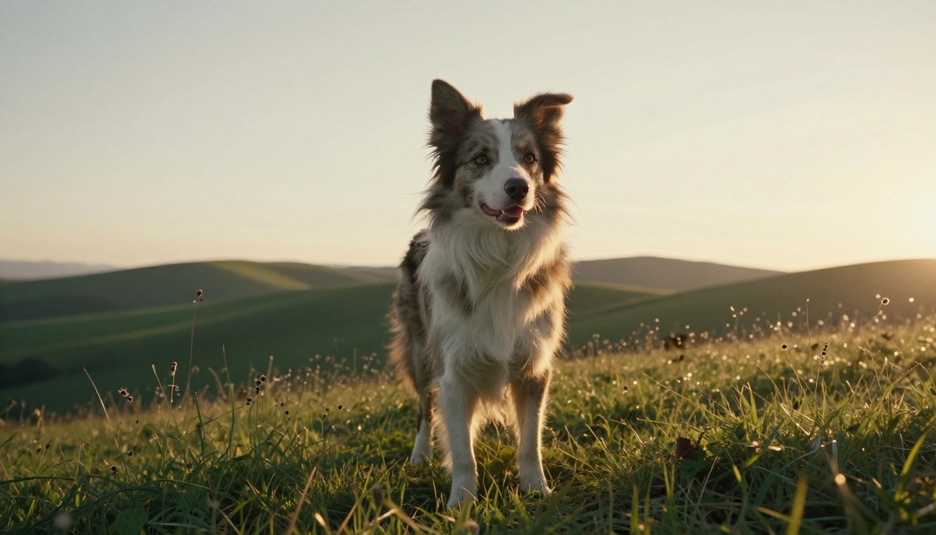 A border collie on a grassy hilltop at golden hour with wind lifting its fur