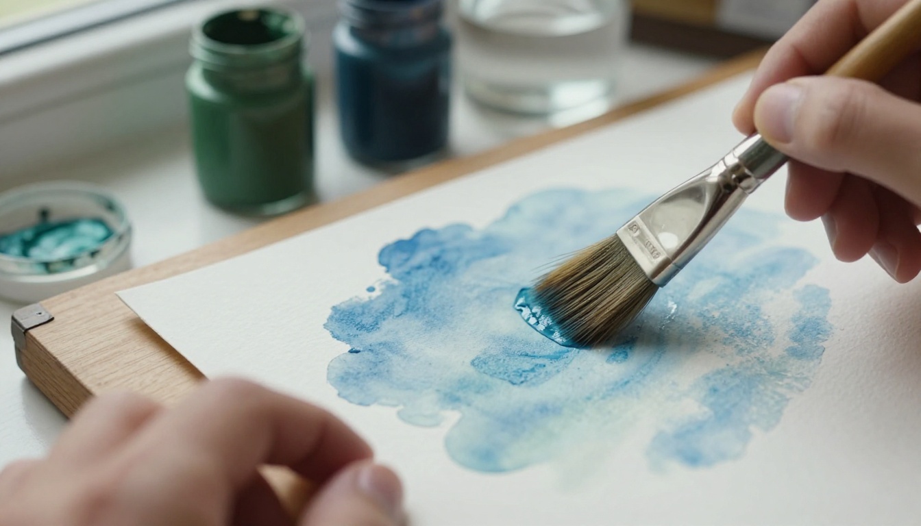 Painter's hand brushing a blue gouache sky onto textured watercolor paper