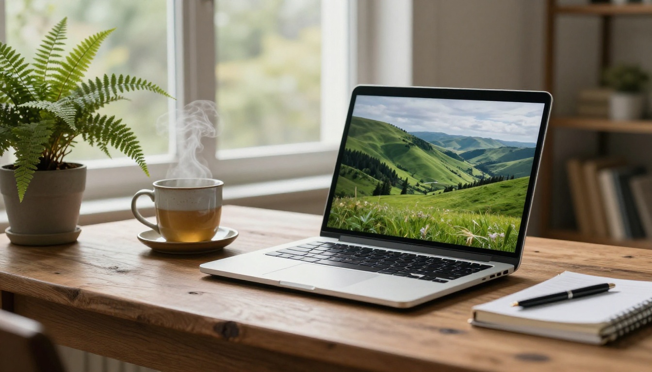 Laptop on an oak desk showing a green hills photo beside a cup of tea