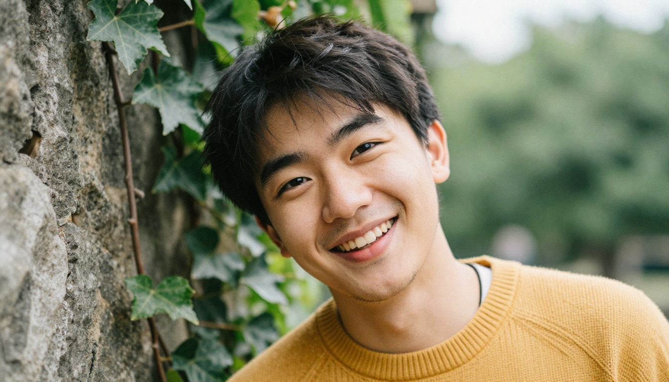 Close-up portrait of a smiling young man in a mustard sweater beside an ivy wall
