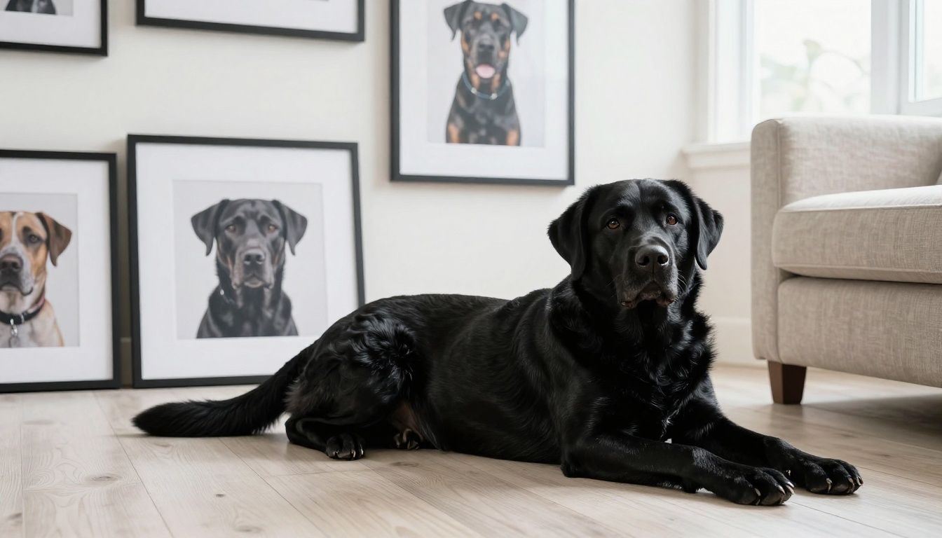 A black Labrador lying on a pale wood floor in front of a gallery wall of framed pet portraits