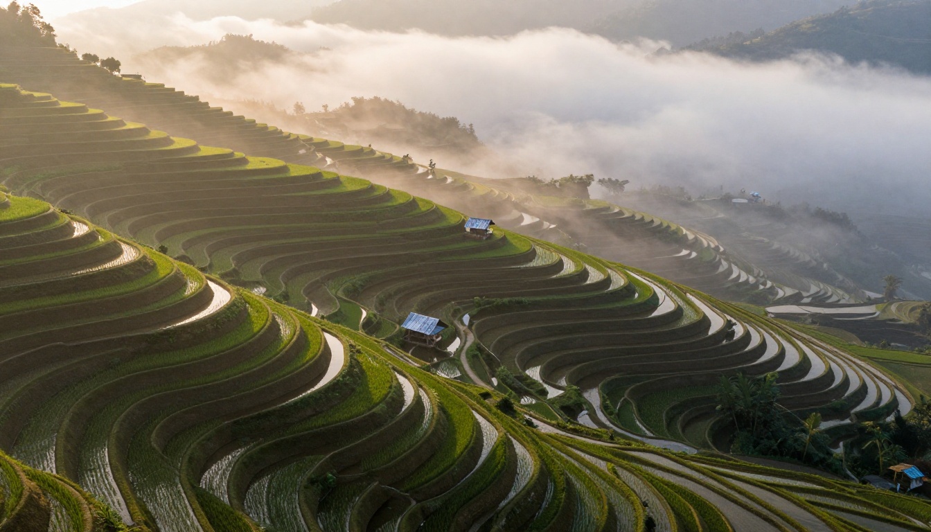 Aerial view of green rice terraces on a misty hillside at sunrise