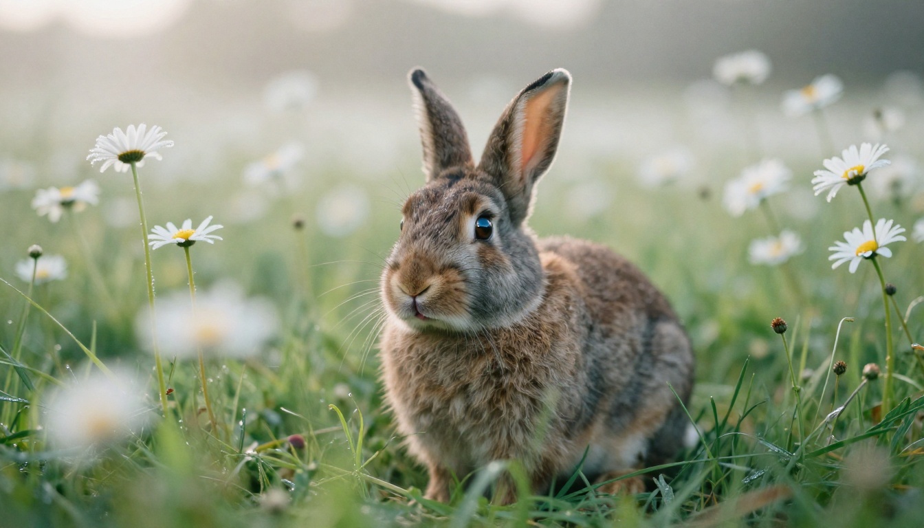 A small brown rabbit sitting in a daisy meadow with dew on the petals