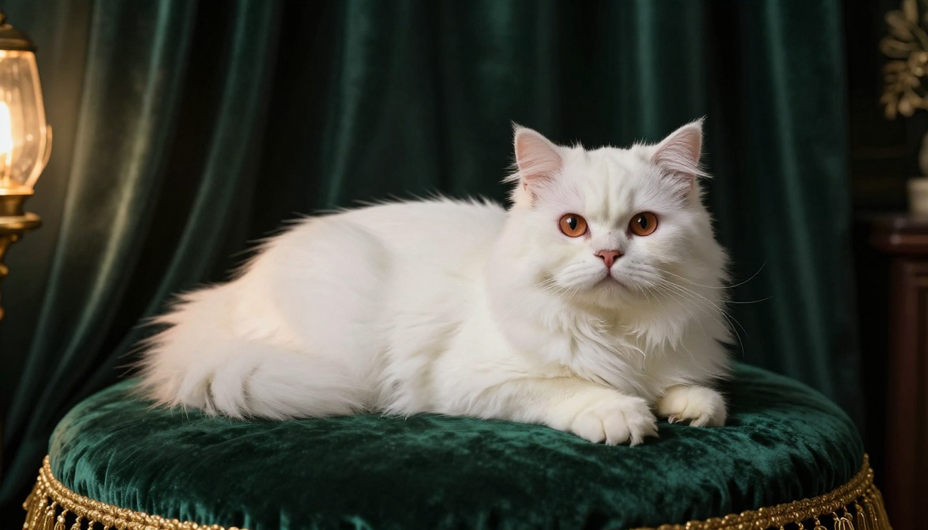 A fluffy white Persian cat on an emerald velvet cushion under warm lamp light