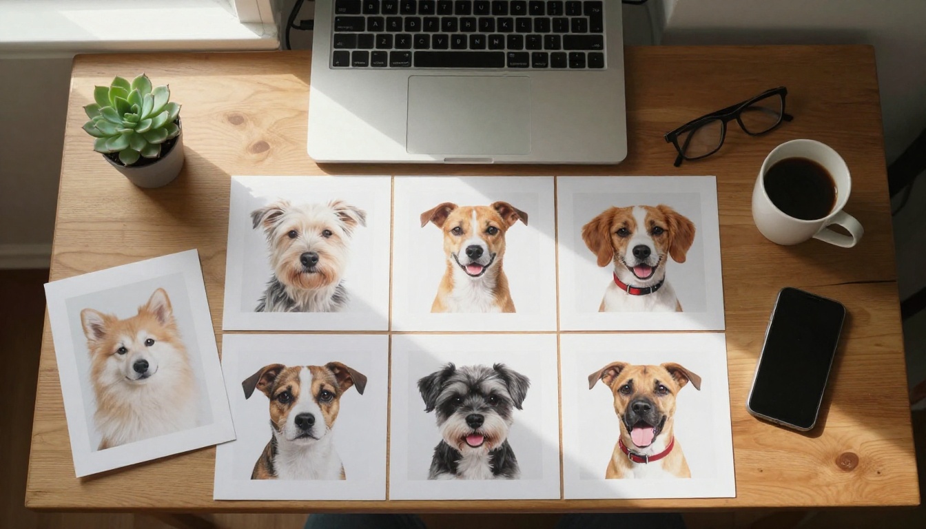 Top down view of a wooden desk full of printed dog and cat portraits beside a laptop
