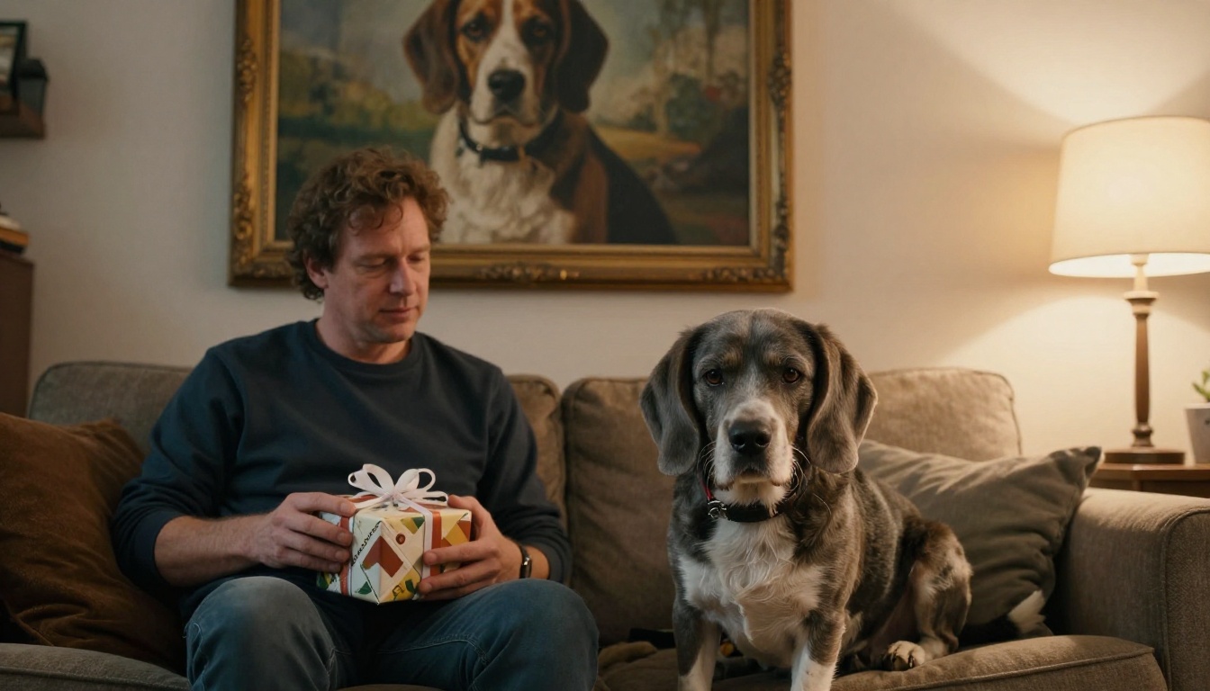 A man and his grey muzzled beagle on a sofa with a wrapped canvas gift and a framed portrait on the wall