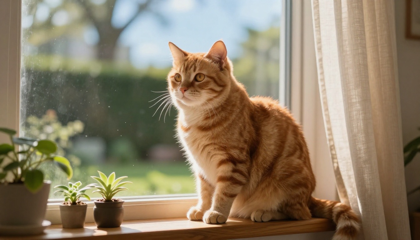 Ginger tabby cat on a sunlit windowsill among houseplants
