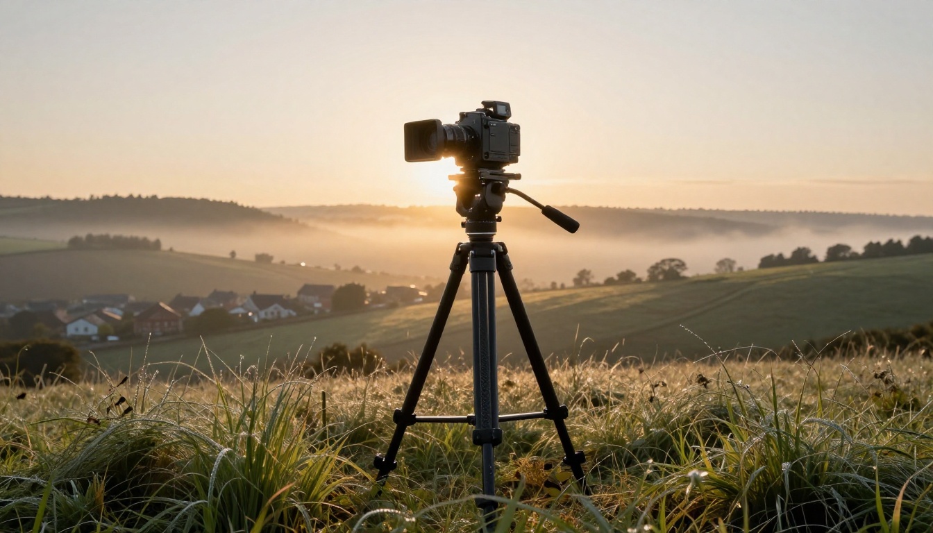 Cinema camera on a tripod on a grassy hilltop at sunrise