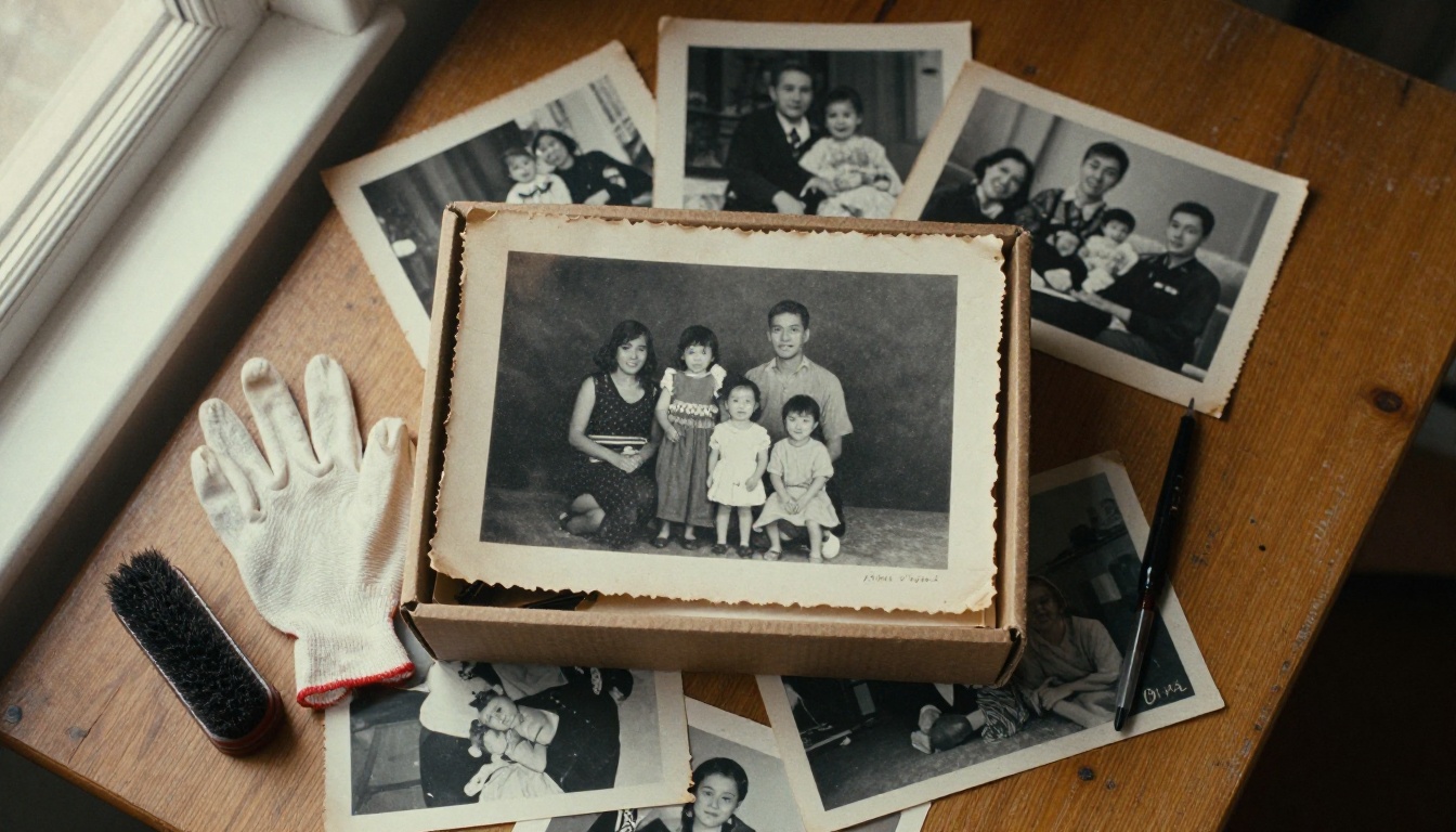 A worn shoebox overflowing with vintage family photographs on an oak table
