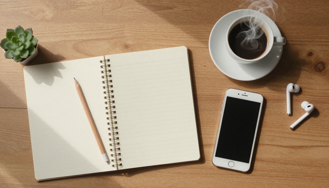 Top-down desk with a phone, sketchbook, pencil and coffee