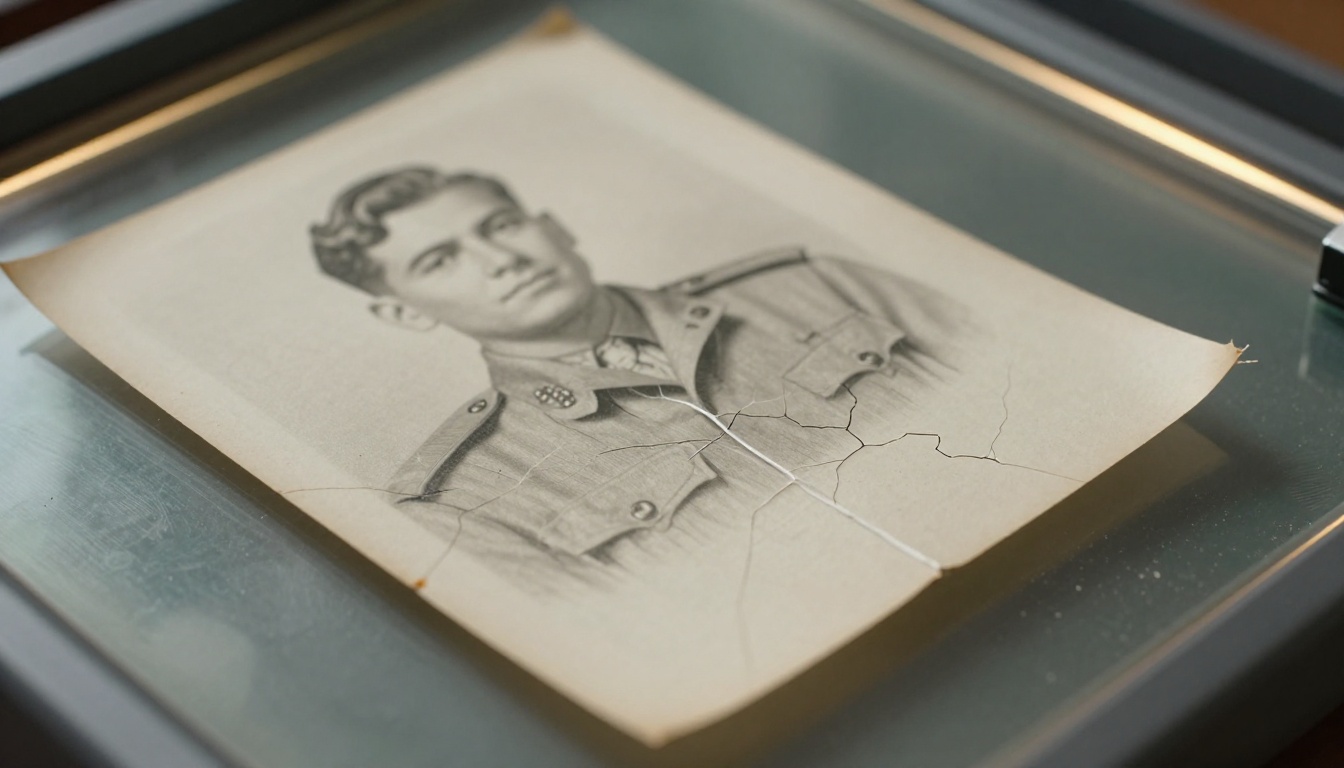 A cracked 1940s portrait print lying on the glass of a flatbed scanner