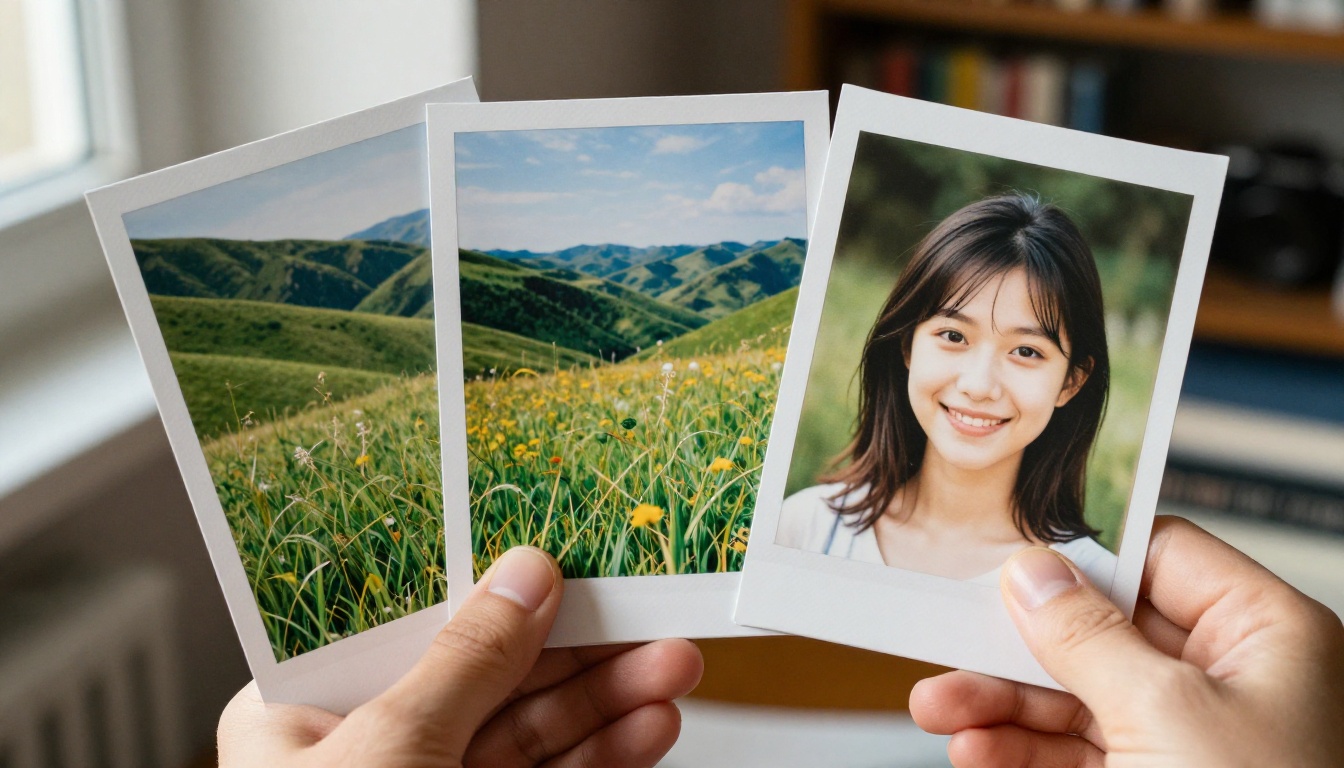 Hands holding two printed photographs side by side