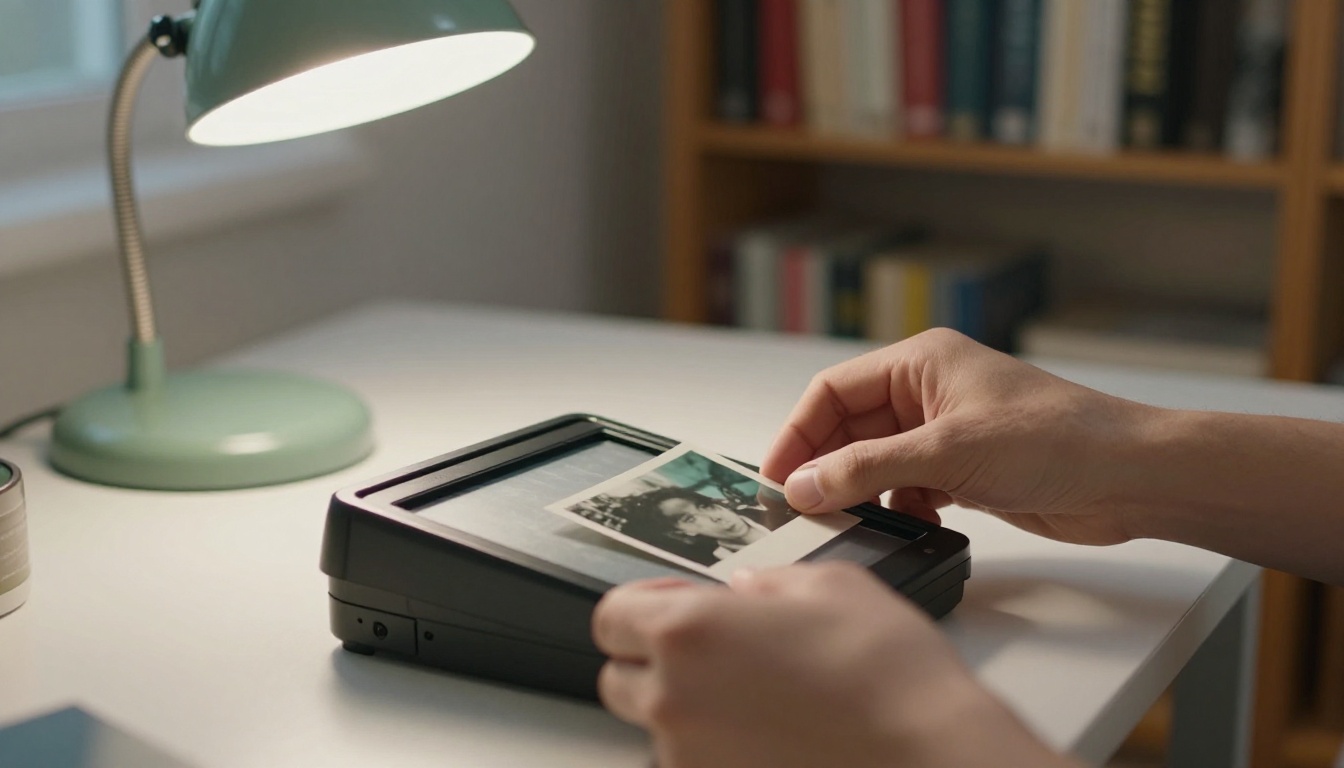 A hand placing a vintage photograph onto an open flatbed scanner