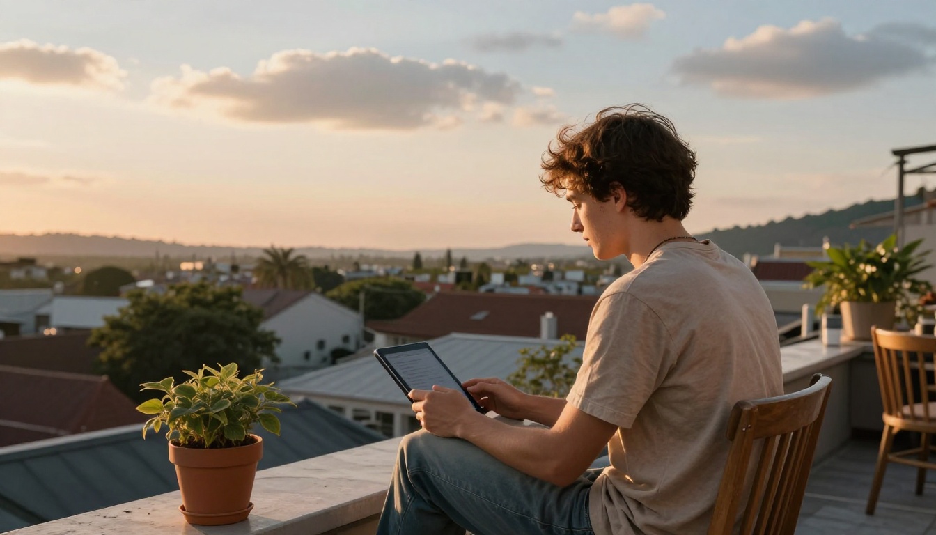 Young creator on a rooftop terrace holding a tablet at golden hour