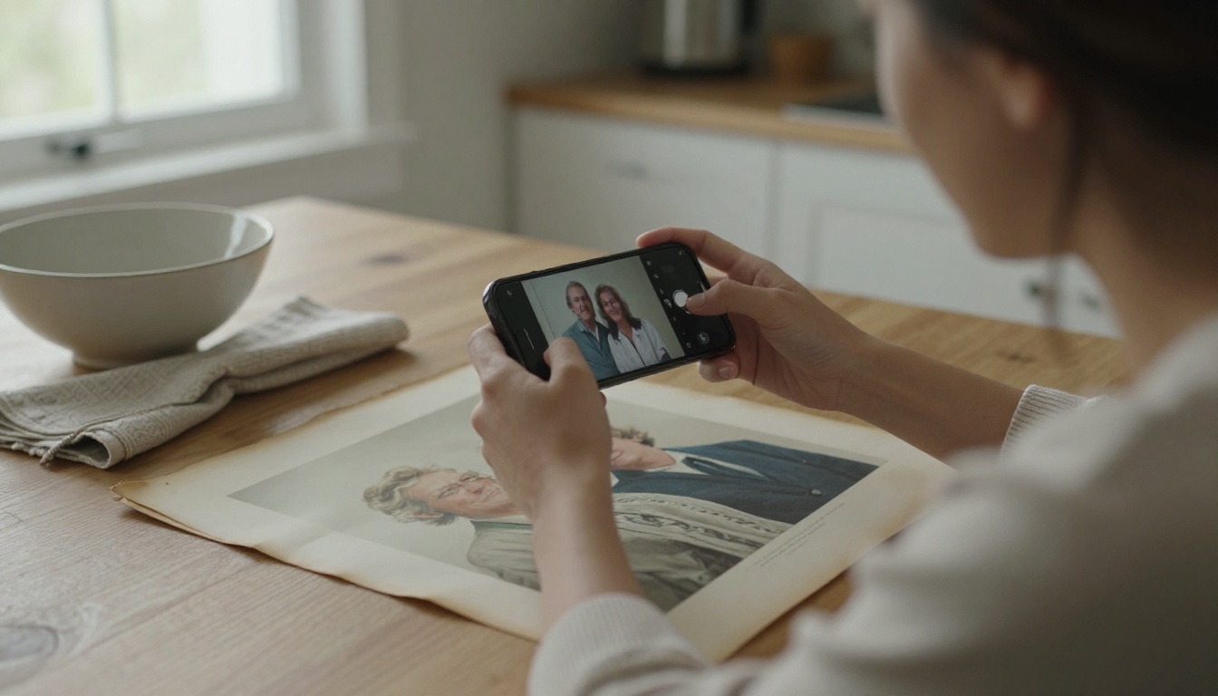 A woman photographing an old family print with a smartphone on a kitchen table