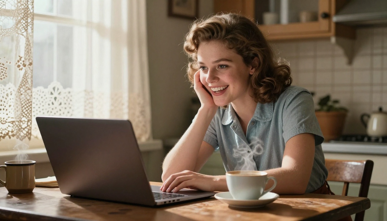 A granddaughter smiling beside a laptop showing a restored 1950s portrait