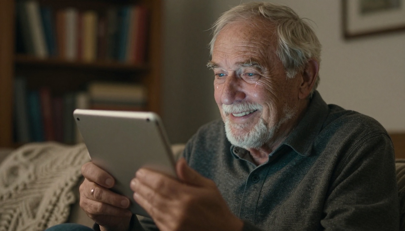 A white-haired man with tears of joy watching an animated family photo on a tablet