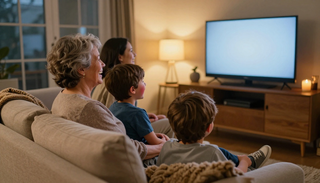 Three generations of a family laughing together while watching a screen