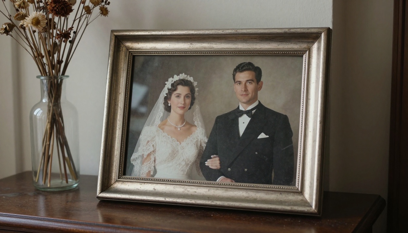 A 1940s wedding portrait in a tarnished silver frame on a wooden mantel