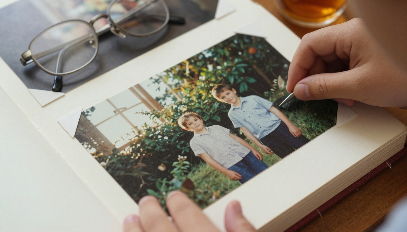 A child's hands turning the page of a vintage photo album