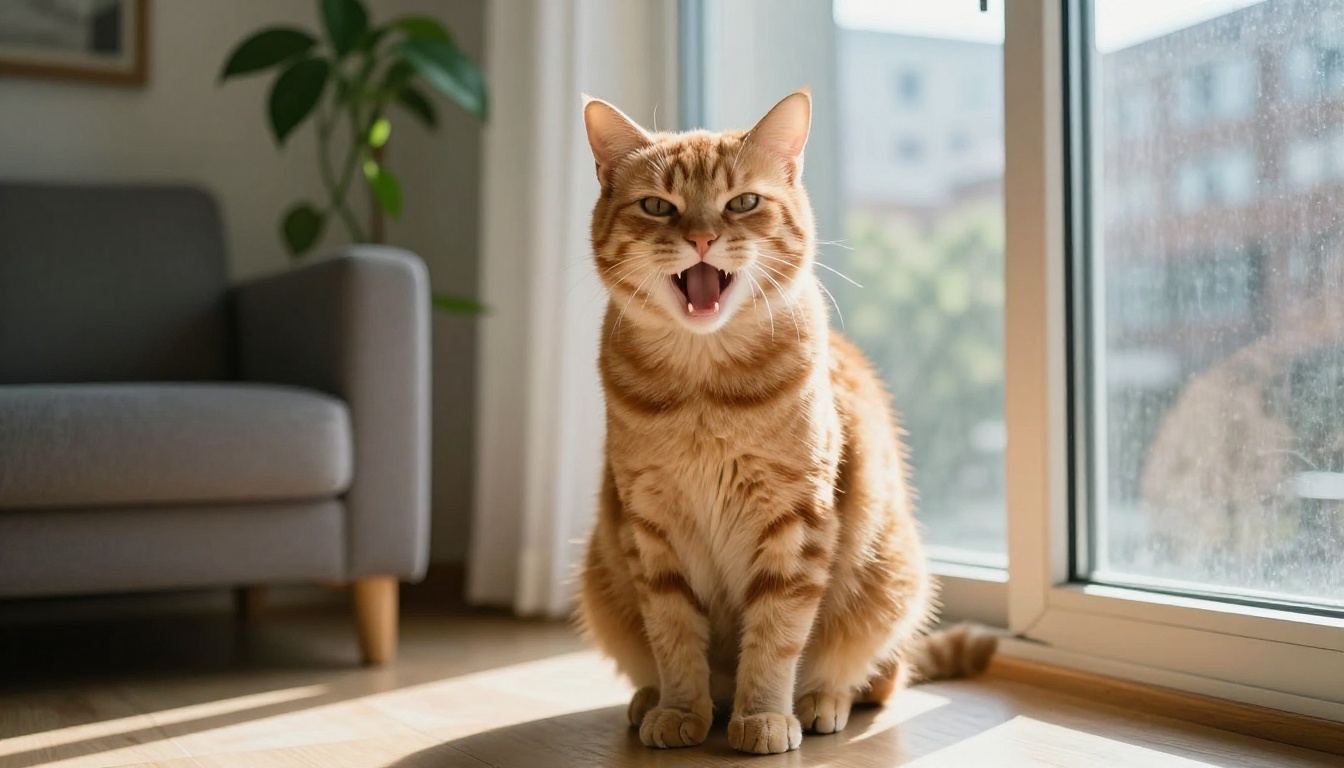 A ginger tabby cat on a sunny windowsill meowing as if giving a speech