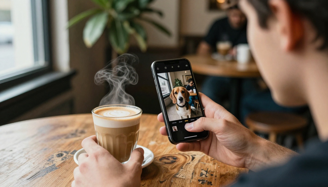 A man at a cafe table holding a phone that shows a front-facing portrait of his beagle