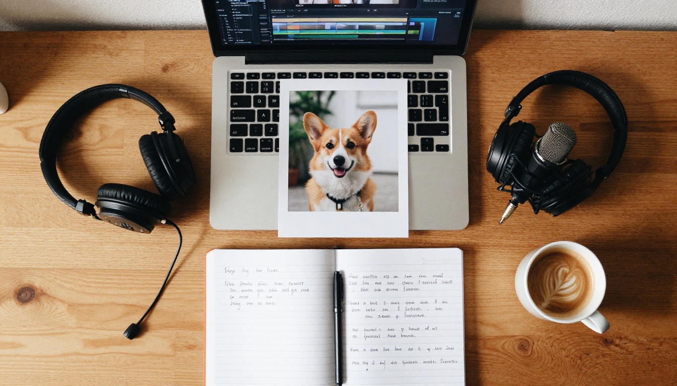 Top-down desk with a laptop, a printed corgi photo, headphones, and a microphone